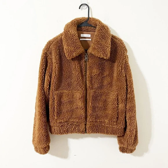 Urban Outfitters Willow Fuzzy Brown Drawstring Teddy Full Zip Cropped Jacket S - Picture 2 of 11